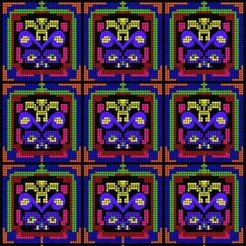Seamless Pixel Mosaic Pattern with Traditional Vibrant Embroidery Style