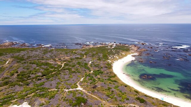Blokbaai white sandy beach near Cape Hangklip Lighthouse in Pringle Bay. Aerial