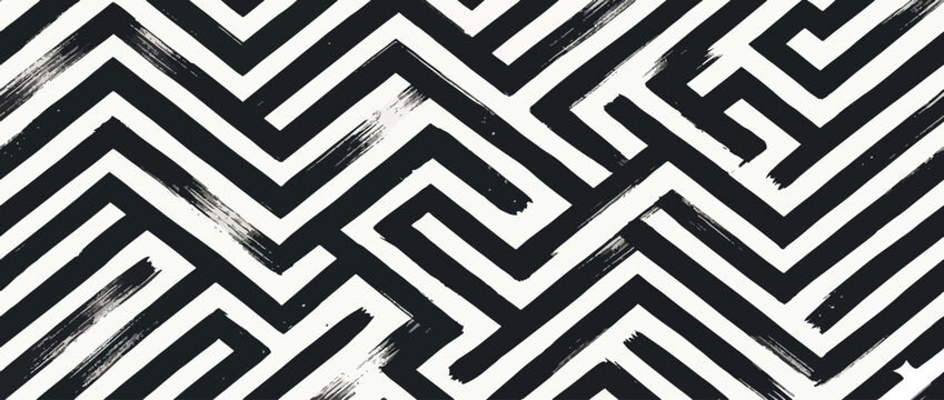 Geometric maze seamless banner design. Abstract geometric labyrinth seamless pattern with zigzag brush strokes.