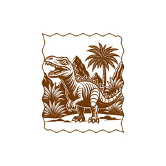 Vintage monochrome illustration of a roaring Tyrannosaurus Rex in a prehistoric jungle landscape with mountains and palm trees. © davis