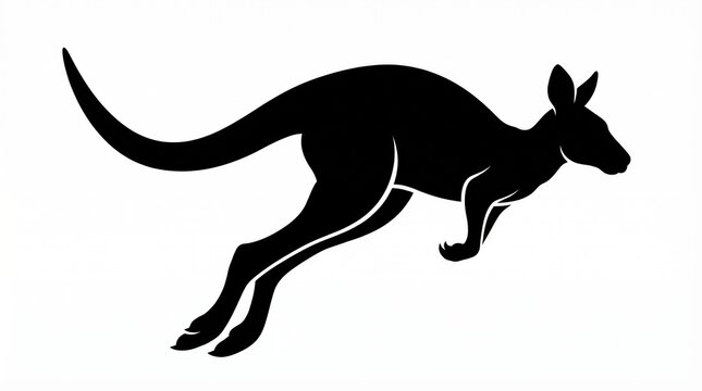 A cartoon vector illustration of a wild kangaroo jumping through the Australian nature, featuring a black silhouette design of the mammal's tail and fur in a running motion