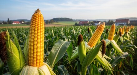 Fototapeta premium A field of ripe corn, with a few ears still unripe, set against a backdrop of rolling hills and distant trees under a clear blue sky.
