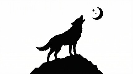 A wild wolf howling at the moon and sunset creates a black predator silhouette in this vector illustration of a canine mammal isolated on a white background © BagasAlbero
