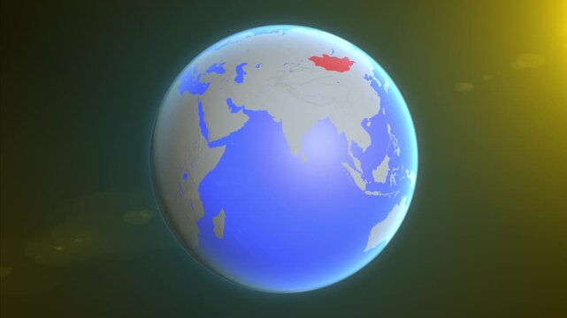 The animation shows a graphic representation of the earth and highlights the location and map of Mongolia colored red.