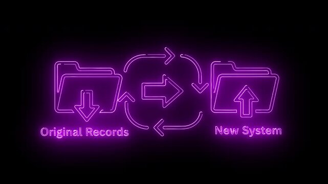 Neon purple diagram illustrating data migration from Original Records to New System with arrows on black background.