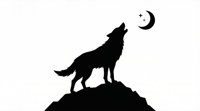A wild wolf howling at the moon and sunset creates a black predator silhouette in this vector illustration of a canine mammal isolated on a white background
