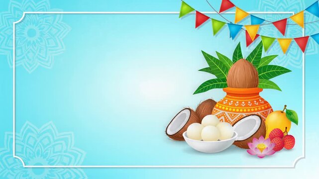 Bengali new year traditional celebration background with mangal ghat and coconut