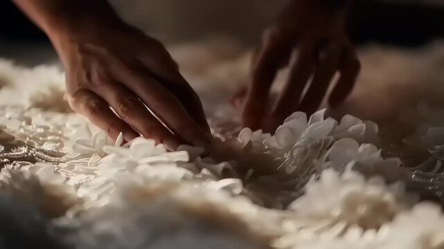 A person carefully arranges wedding fabric with their hands