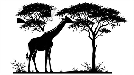 A black giraffe silhouette vector stands near a lone tree in the wild savanna landscape during an orange sunset safari illustration © BagasAlbero