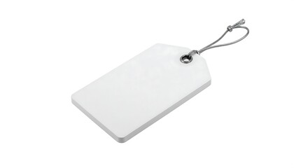 Fototapeta premium A blank, rectangular price tag, tilted on a white background, hanging by a gray string. The tag has a single hole