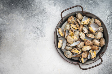 Italian vongole clams arranged in rustic metal pan. Fresh seafood dish with shells on light background, top view. © Mironov