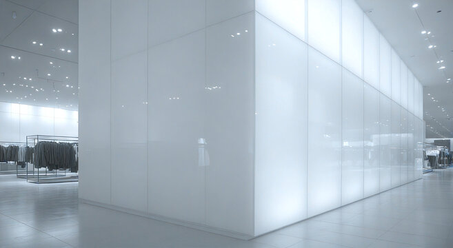 Large glowing white glass cube display in a spacious modern luxury retail store interior