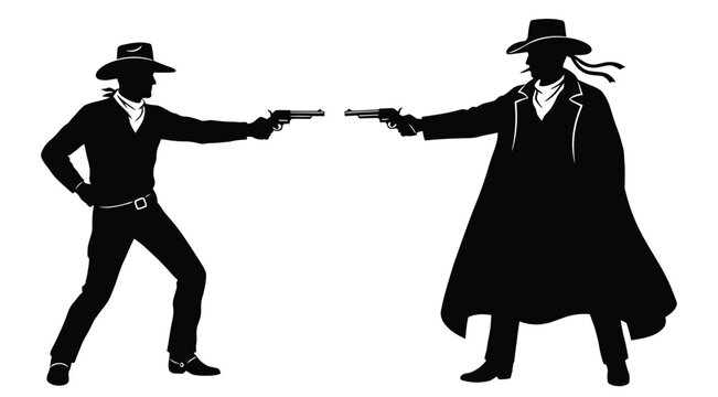Two cowboys pointing guns at each other in a tense standoff