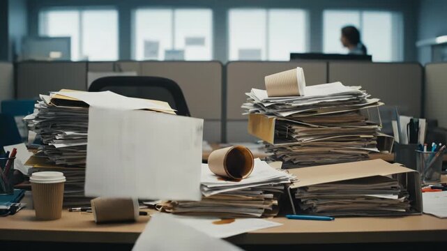 Cluttered Office Desk with Paper Stacks and Coffee Cup in Busy Workplace