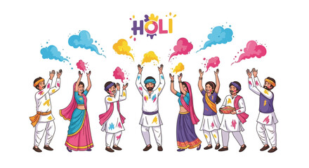Illustration of people celebrating Holi festival with colored powder and vibrant colors on a white background.