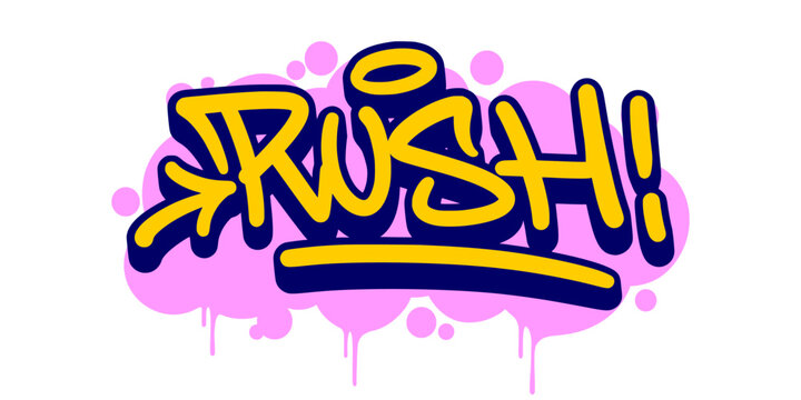 Rush Word Graffiti Tag with Bold Bubble Effect and Pink Drip for Modern Urban Basketball Apparel Design.