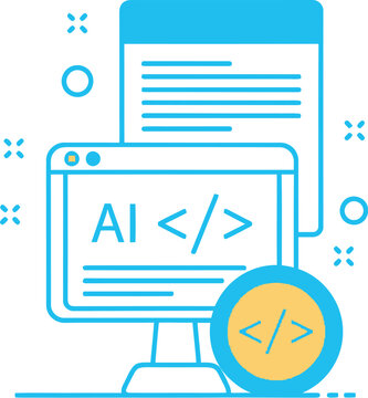 Artificial intelligence coding computer screen with code symbols and lines on monitor in modern minimalist style for technology and programming concept