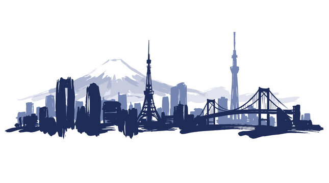 A stylized silhouette of the Tokyo skyline, featuring iconic landmarks like Tokyo Tower, Tokyo Skytree, and Mount Fuji in the background.