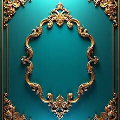 Elegant Vintage Gold Ornamental Frame on Teal Background with Decorative Baroque Corners and Luxury Invitation Style Border Template
