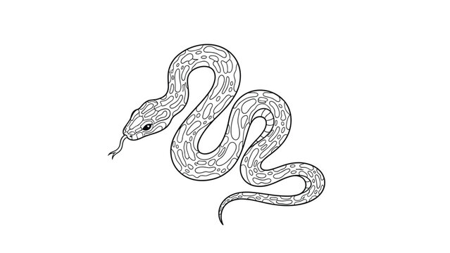 Detailed black and white line art illustration of a coiled snake with intricate scale patterns and a flicking tongue on a white background.