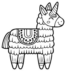 Fototapeta premium Cartoon outline of a unicorn llama piñata with decorative blanket and happy expression