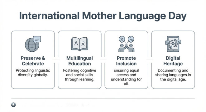 A presentation slide detailing the four core pillars of International Mother Language Day, emphasizing linguistic diversity, education, inclusion, and digital preservation.