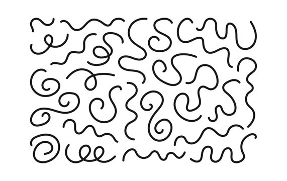 Hand drawn curved lines. Abstract squint line texture. Minimalist doodle curved decorative elements. Cyclic line looping. Wavy editable stroke. Black vector illustration.