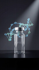 Peptides and molecular structure encapsulated in a glass vial represent the cutting-edge trend of biohacking supplements aimed at enhancing longevity and wellness. Image made using Generative AI.