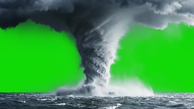 Large tornado vortex over sea water surface with green screen background