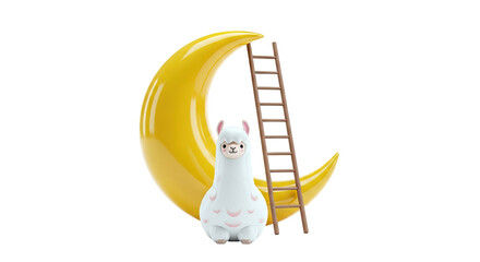Fototapeta premium Cute llama with ladder and crescent moon on white background