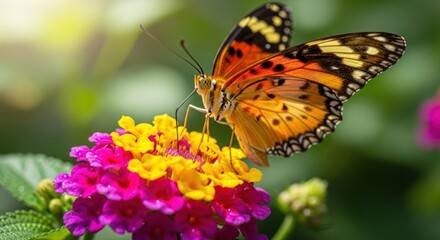 Obraz premium A vibrant orange butterfly with black and white markings on its wings is perched on a small pink and yellow flower, surrounded by green leaves and a blurred background of trees and sky.