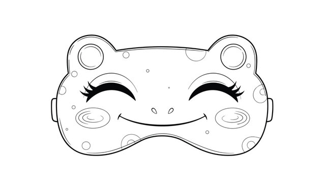 Sleeping eye mask with cute frog face design and big eyes in black and white line art illustration for coloring.