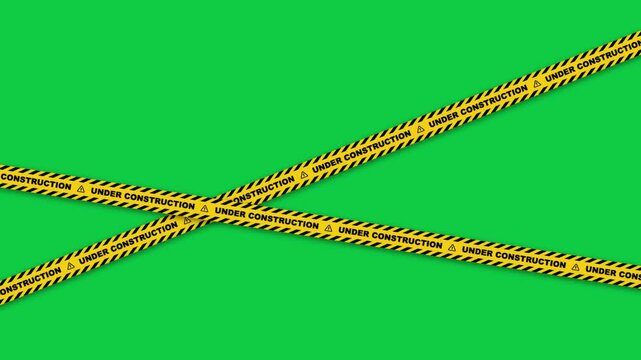 Under construction sign tapes animation with yellow and black diagonal stripes on green screen background. 4K Video 