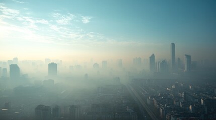 Fototapeta premium Foggy Cityscape with Skyscrapers Under Blue Sky and Haze at Sunrise, Urban Landscape in the Morning Light, Atmospheric View of Metropolitan Area