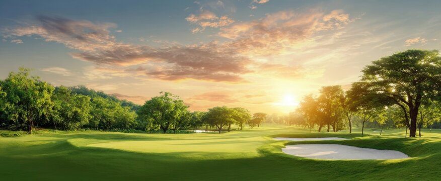 The Golf Course at Sunset with Manicured Fairways and Tranquil Tree Lined Horizon