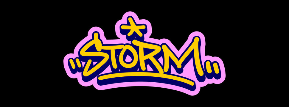 Storm Word Illustration in Sharp Yellow and Purple Graffiti Tag Style for Athletic and Energy Branding.