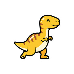 Obraz premium Adorable cartoon yellow Tyrannosaurus Rex dinosaur with happy smiling face, walking with playful gait, whimsical children's art, isolated on white background.