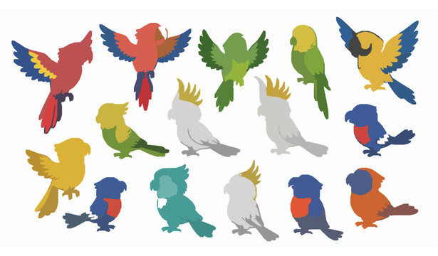 Colorful tropical parrot birds cartoon collection cute exotic wildlife vector set