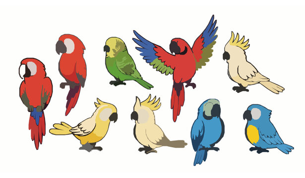 Tropical cartoon parrot birds colorful exotic wildlife cute vector character set