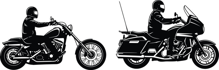 Motorcycle silhouettes, chopper bike, touring motorcycle, helmet riders, protective gear, custom design, long distance travel, biking lifestyle, vector illustration, flavector © MstMarufa