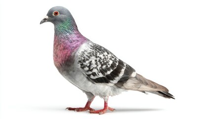 Obraz premium The Pigeon Standing on a White Background Showing Iridescent Neck and Detailed Feathers
