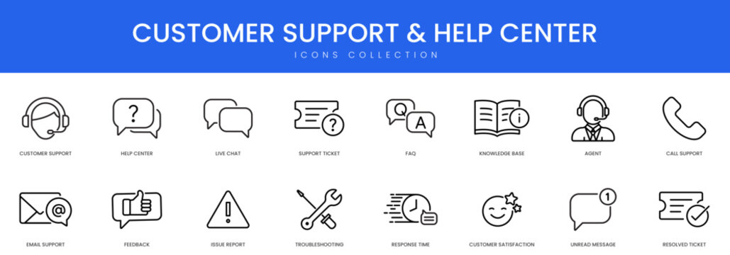 A comprehensive collection of line icons representing customer service and help center elements including live chat support agent and technical troubleshooting