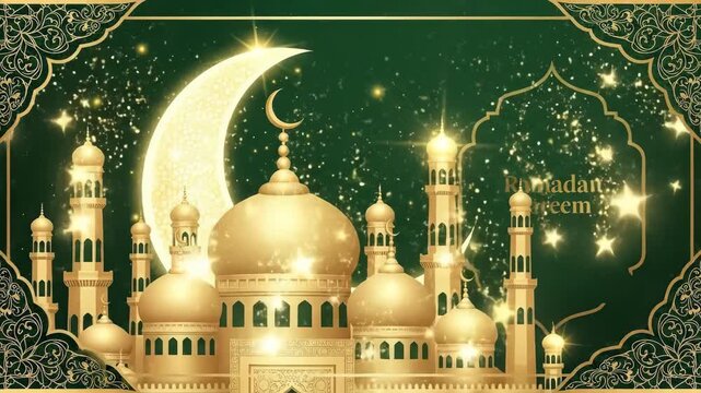 Golden mosque and crescent moon on green background illustration