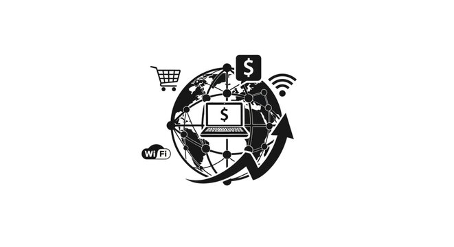 Black and white shopping icons globe.