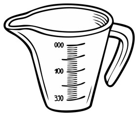 Line art of a clear glass measuring cup with handle and spout showing volume markings for liquid measurement