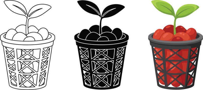 Set of hydroponic plant illustrations featuring a young seedling growing in a net pot with clay pebbles ideal for gardening agriculture and sustainable growth concepts