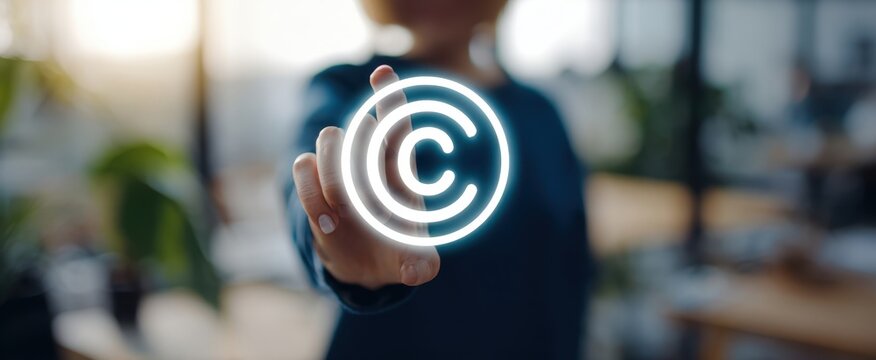The copyright symbol hologram being touched by a professional in modern office