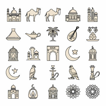 Collection of Islamic culture icons featuring mosques camels dates palm trees lanterns and other traditional symbols