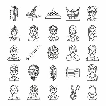 Collection of Indonesian cultural icons and symbols featuring traditional clothing, architecture, and artifacts