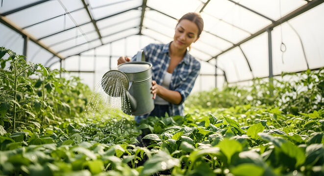 A woman in a plaid shirt using a metal watering can to nurture rows of fresh vegetable seedlings inside a bright glasshouse structure